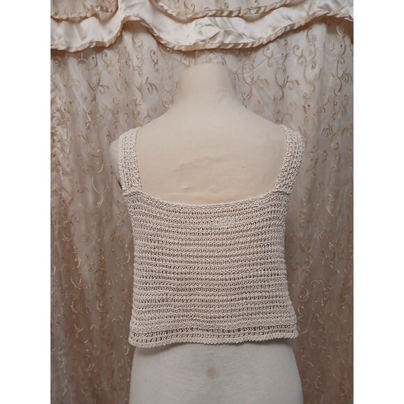 Crochet Bohemian Half Top Womens Sz L Beige Semi Sheer Cropped Festival Coquette - Picture 6 of 16
